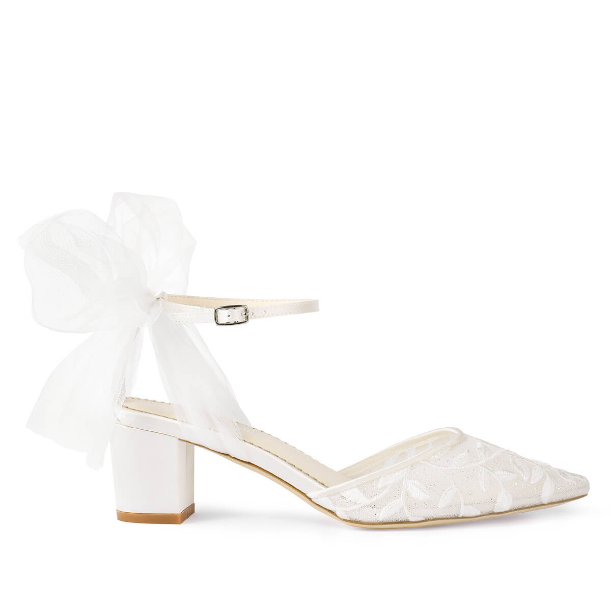 Side view of Joelle wedding shoes showing floral lace embroidery detail
