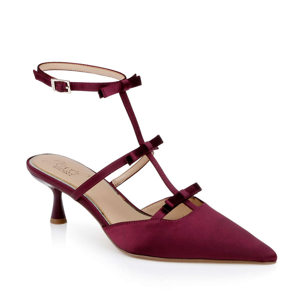 Elisabetta bordeaux satin T-strap kitten heel pumps with pointed toe